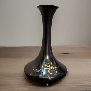 Japanese Vintage Black Metal Floral Vase with Narrow Neck 7" Tall